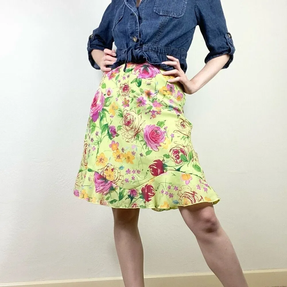(14 petite) Vintage y2k Worthington Green & Pink Floral Knee Length Skirt